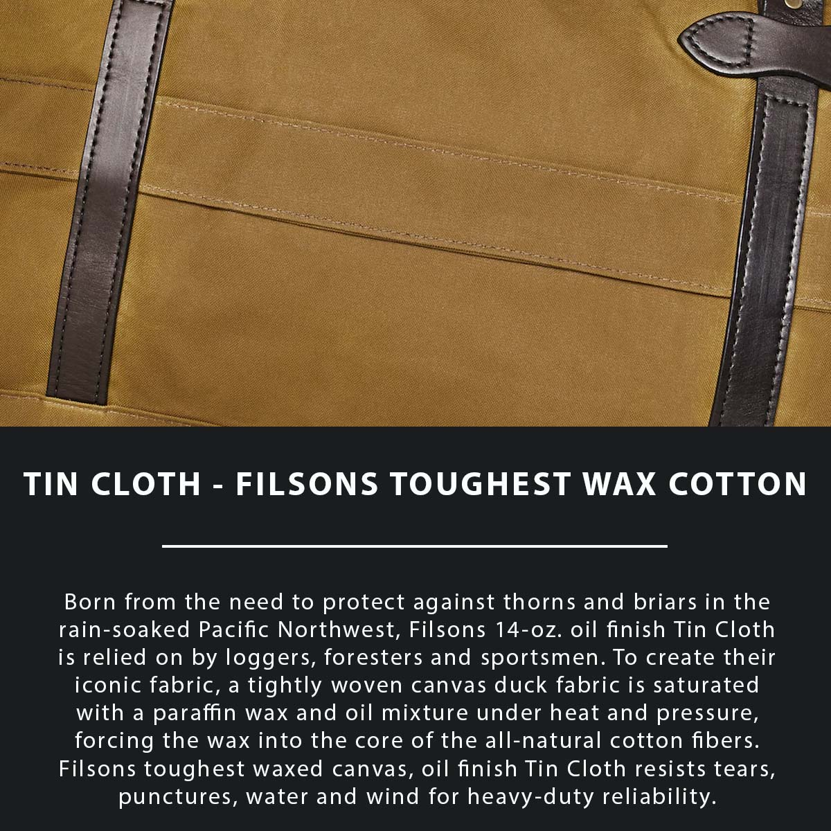 Filson 48-Hour Tin Cloth Duffle Bag Dark Tan, Tin Cloth explaned