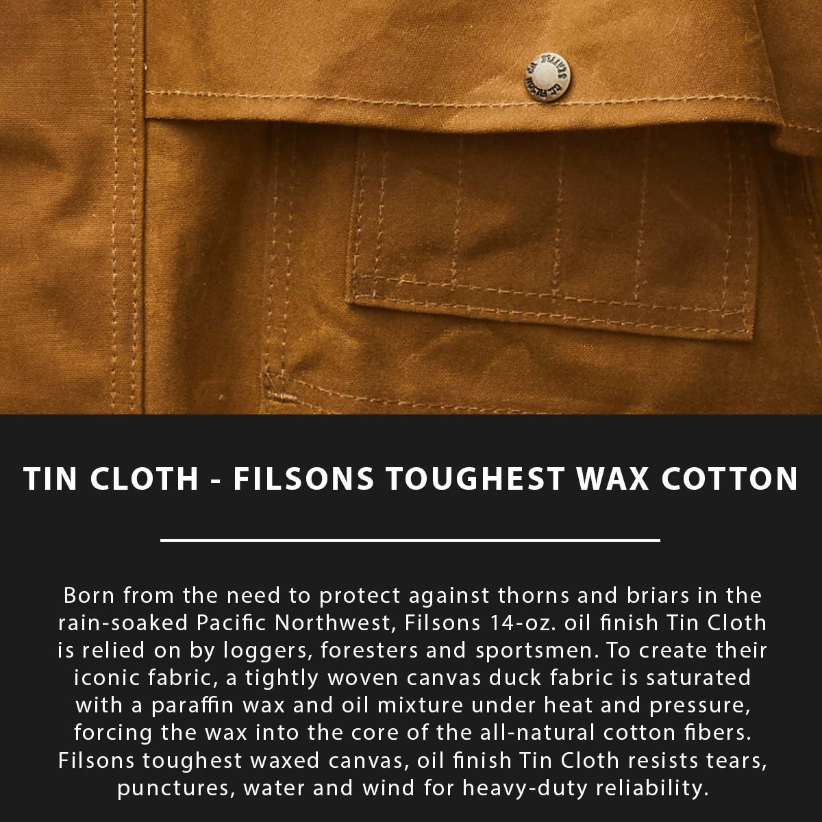 Filson Oil Tin Cloth Vest Dark Tan, made of the legendary super strong, lightweight, and oil impregnated 14-oz. Tin Cloth canvas
