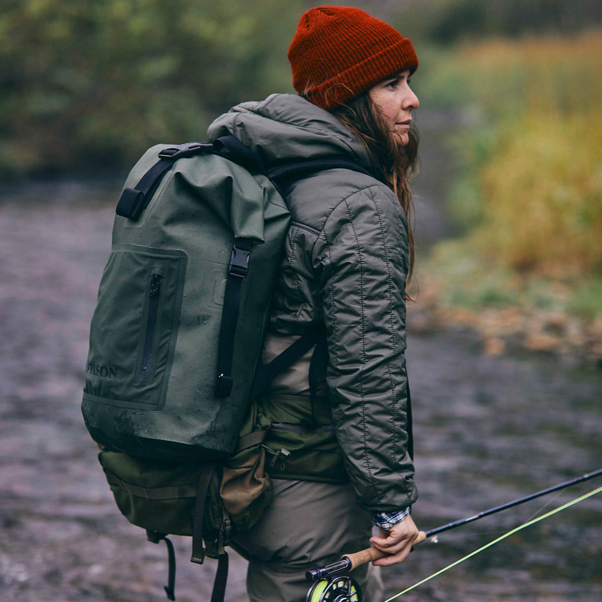 Filson Dry Backpack Laser Green keeps your gear dry in any weather