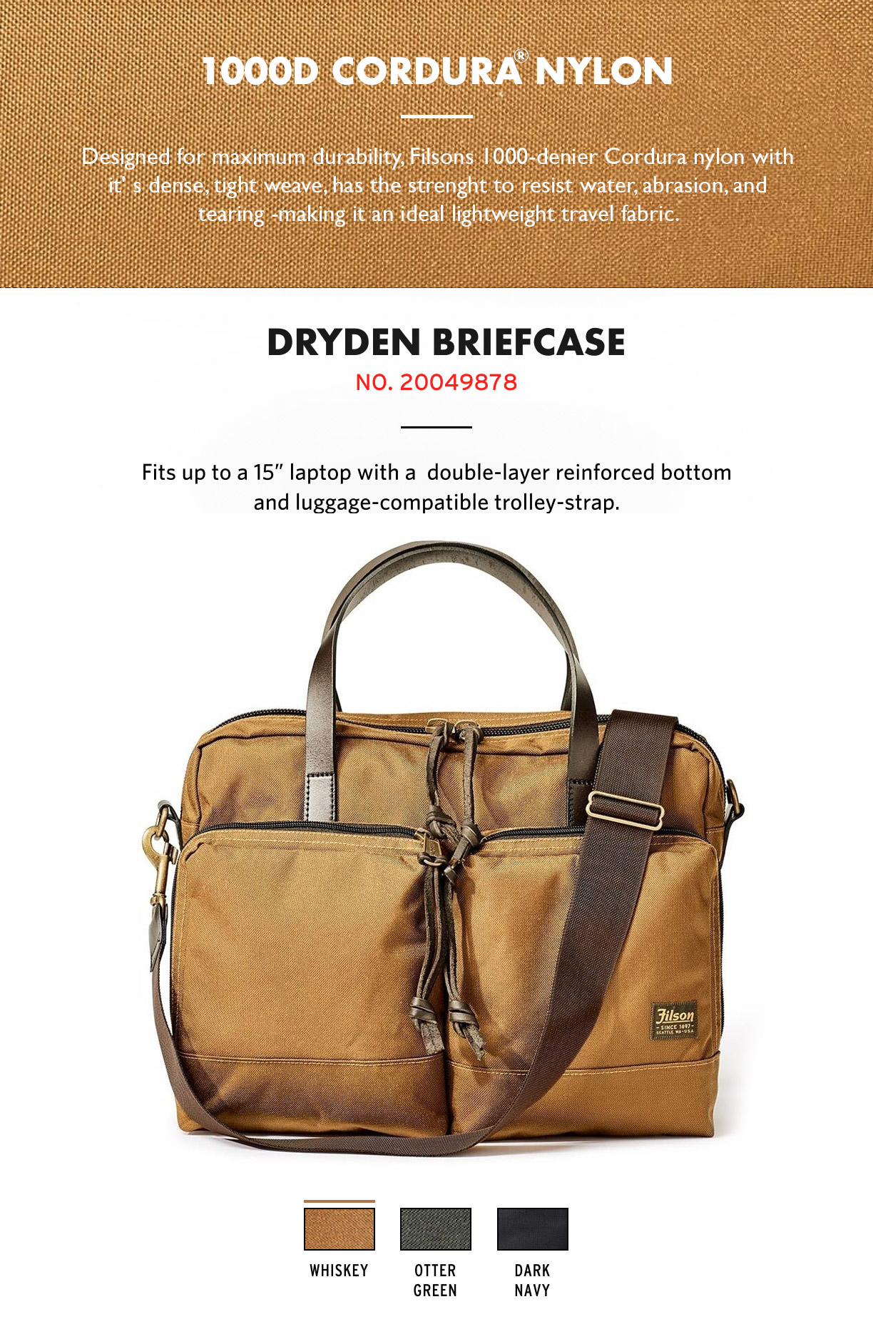 Filson Dryden Briefcase Whiskey Product-information