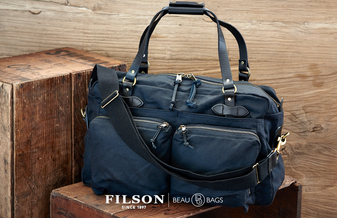 Filson 48Hour Duffle Navy perfect overnight bag with multiple
