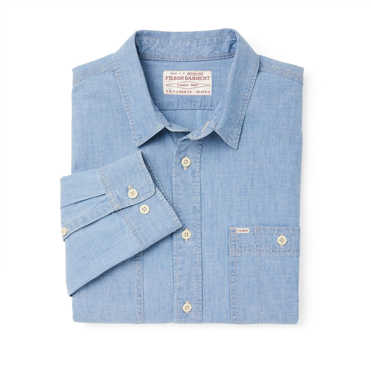 Filson Chambray CPO Shirt Light Indigo Chambray, tough, lightweight and ready to work shirt