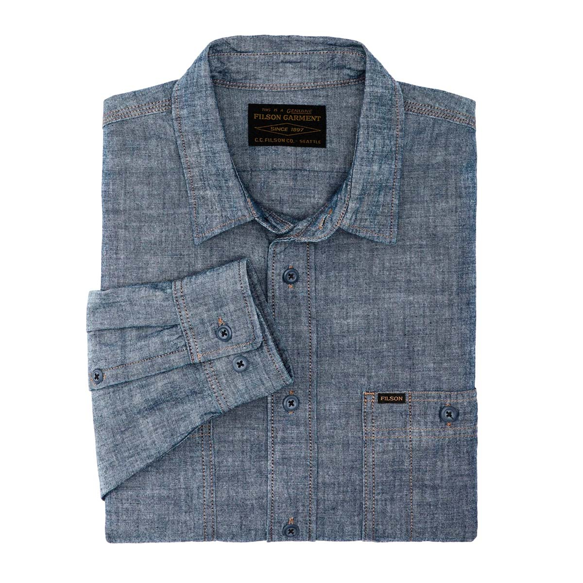 Filson Chambray CPO Shirt Rinsed Indigo Chambray, tough, lightweight and ready to work shirt