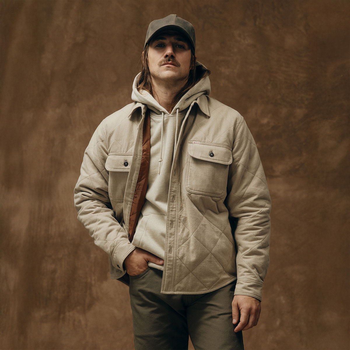 Filson Insulated Flannel Shirt Warm Khaki, wearing-front