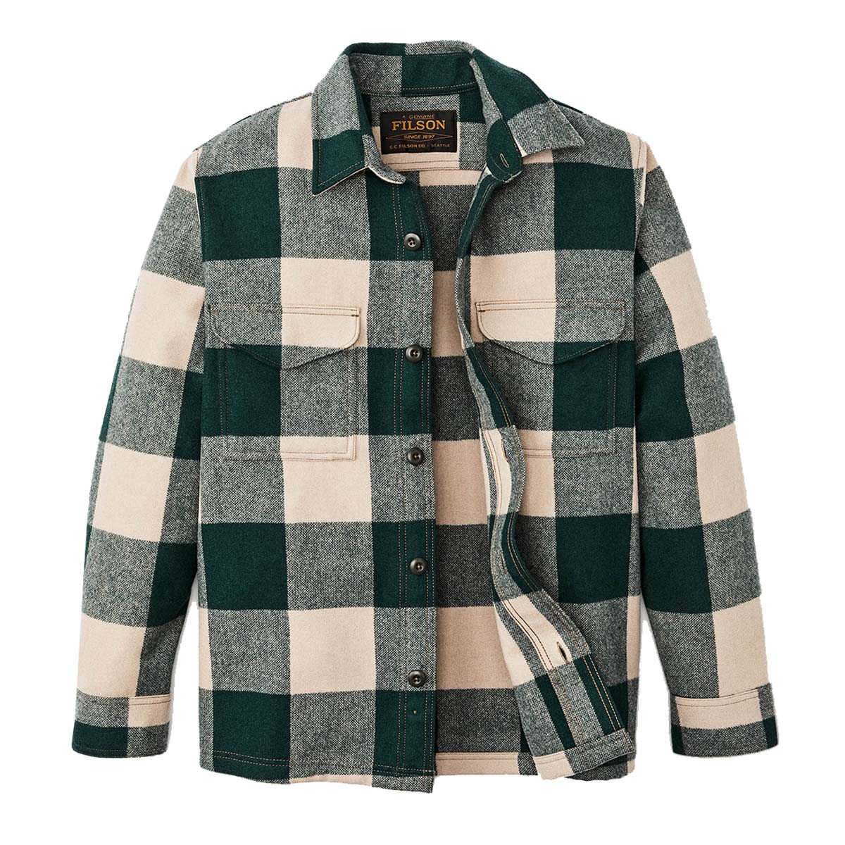 Filson Wool Jac-Shirt Pine/Beige Check, features flap-covered chest pockets with hidden buttons and a straight hem for untucked wear
