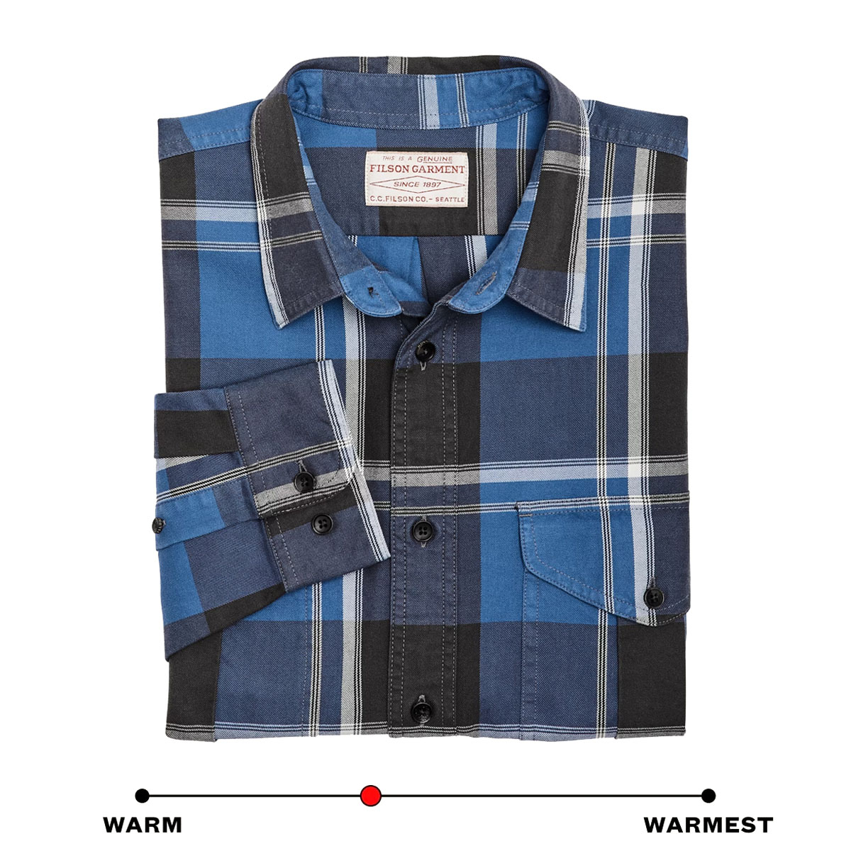 Filson Lightweight Alaskan Guide Shirt Blue/Faded Black/White Plaid, setting the standard for year-round versatility and comfort in an outdoor shirt