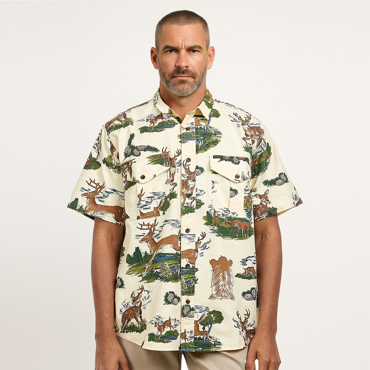 Filson Short Sleeve Lightweight Alaskan Guide Shirt White/Deers, classic flannel comfort in a lightweight, warm-weather versio