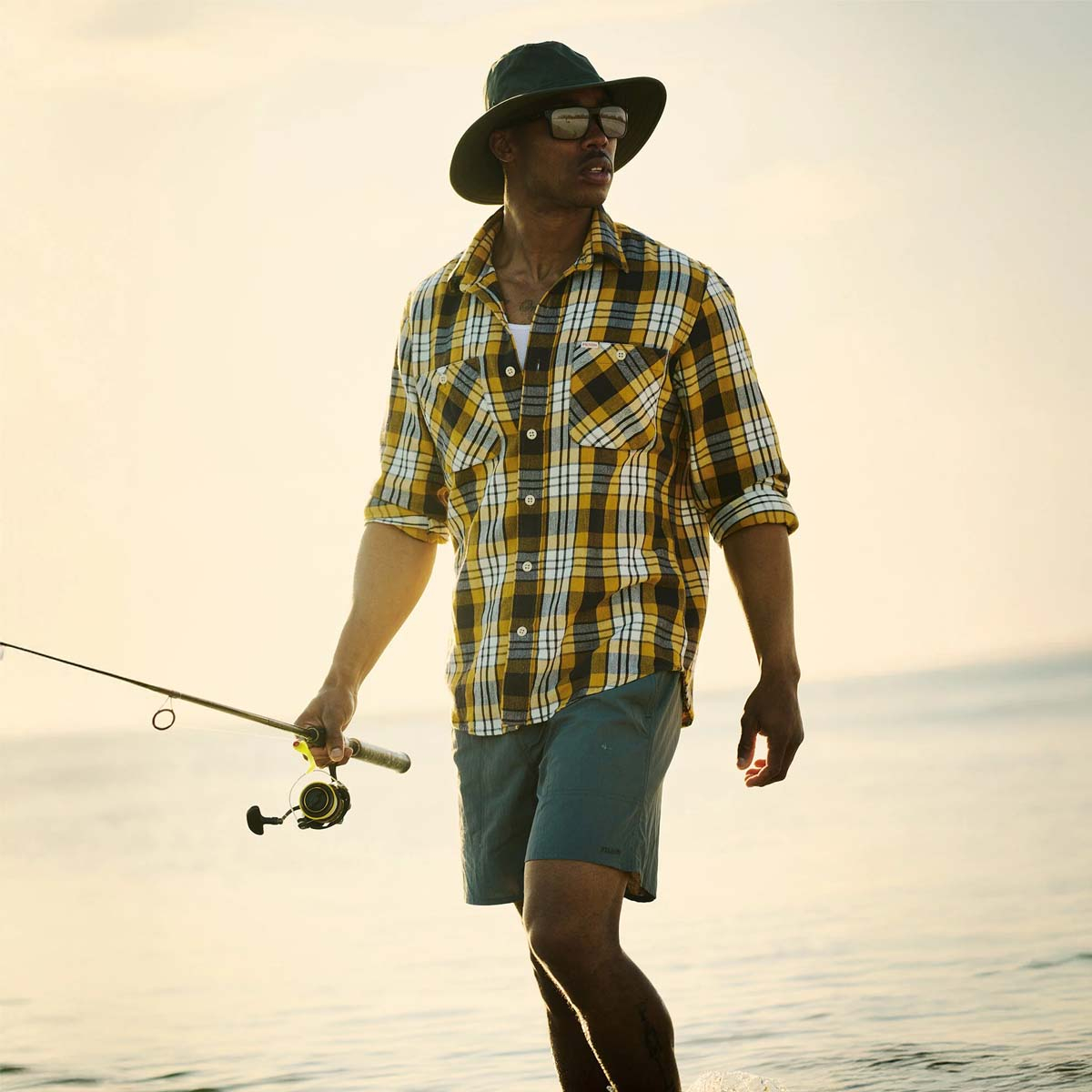 Filson The Rangeland Flannel Shirt Yellow/Faded Black Plaid, a new midweight shirt in an ultrasoft cotton flannel