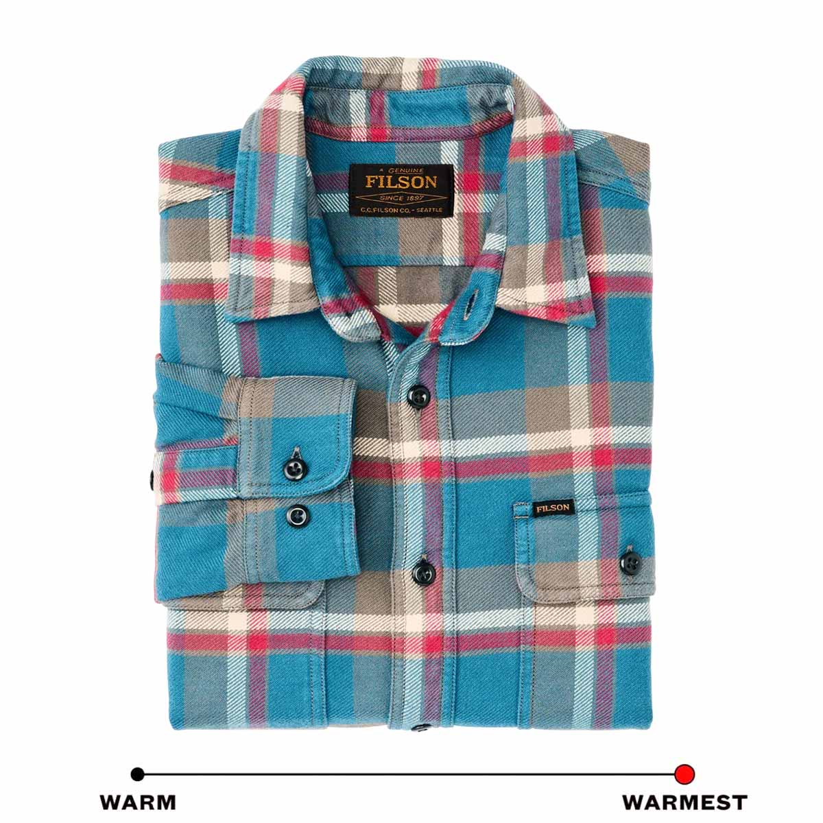Filson Vintage Flannel Work Shirt Blue/Gray/Multi Plaid, warm cotton button-front shirt with a soft brushed-twill interior