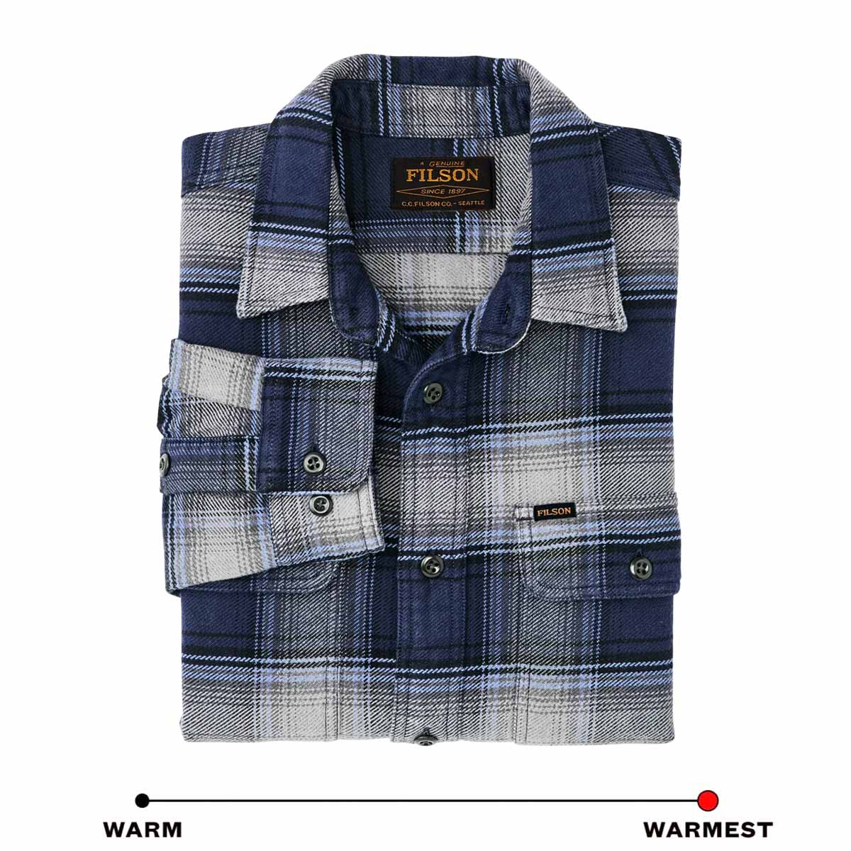 Filson Vintage Flannel Work Shirt Light Blue/Navy Plaid, warm cotton button-front shirt with a soft brushed-twill interior