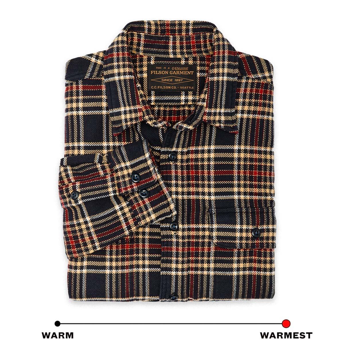 Filson Vintage Flannel Work Shirt Navy Ivory Red, built with thick and breathable cotton flannel, it’s ideal for cold weather