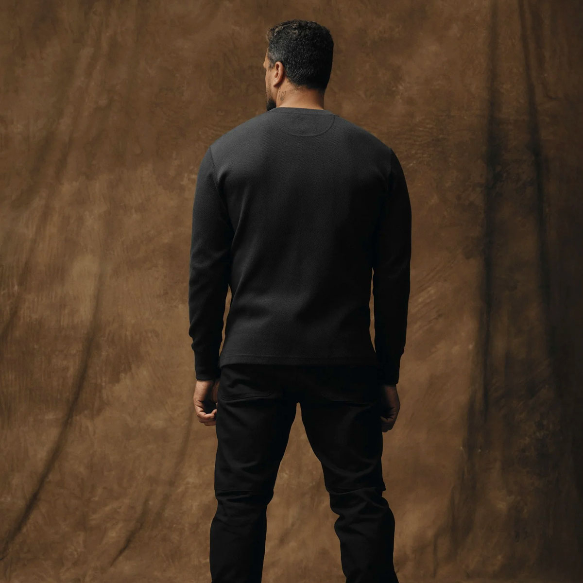 Filson Waffle Knit Henley Faded Black, Styled on model for size Filson Waffle Knit Henley Faded Black, Styled on model for size