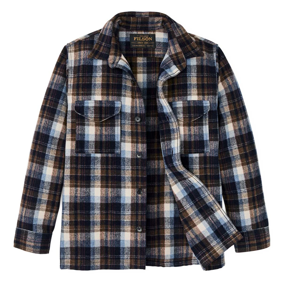 Filson Wool Jac-Shirt Brown/Light Blue Multi Plaid, features flap-covered chest pockets with hidden buttons and a straight hem for untucked wear