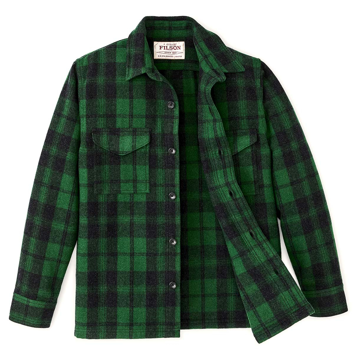 Filson Wool Jac-Shirt Green/Black Plaid, features flap-covered chest pockets with hidden buttons and a straight hem for untucked wear