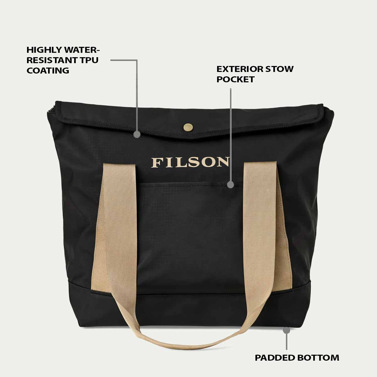 Filson Scout Tote Bag Black/Covert, features explaned front