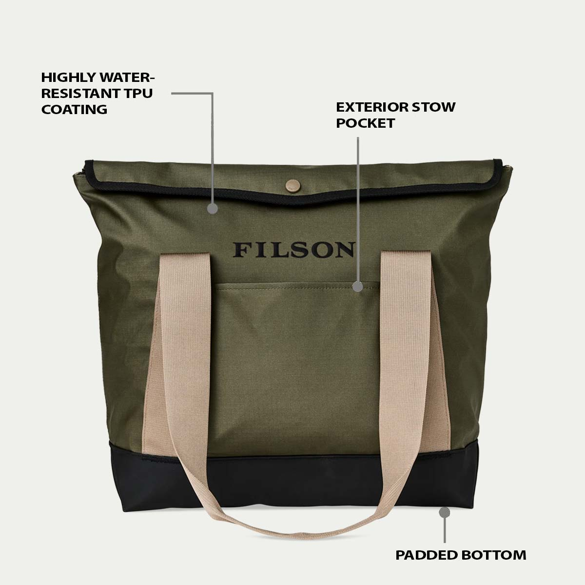 Filson Scout Tote Bag Olive/Black/Covert, features explaned front