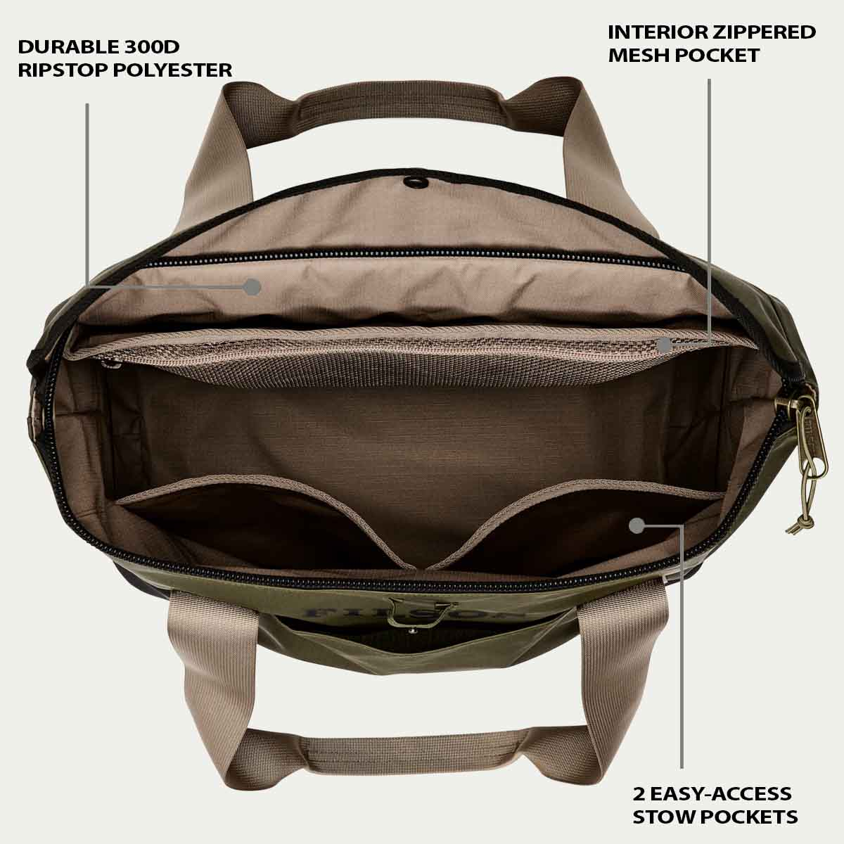 Filson Scout Tote Bag Olive/Black/Covert, features explaned inside