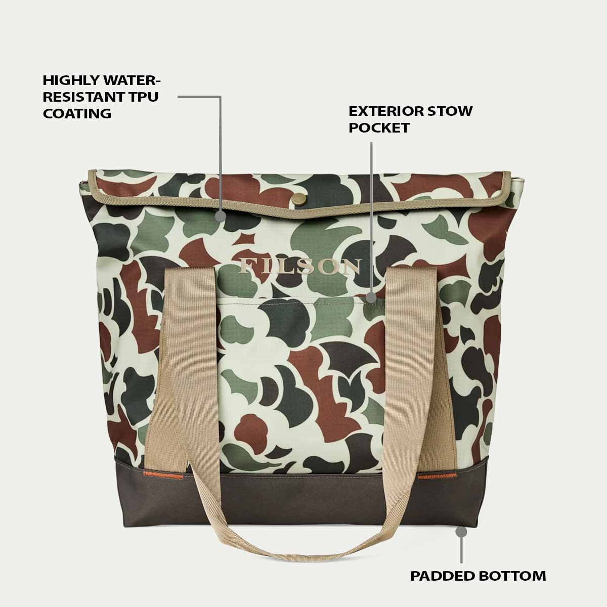 Filson Scout Tote Bag Shrub Camo/Canteen/Covert, features explaned front