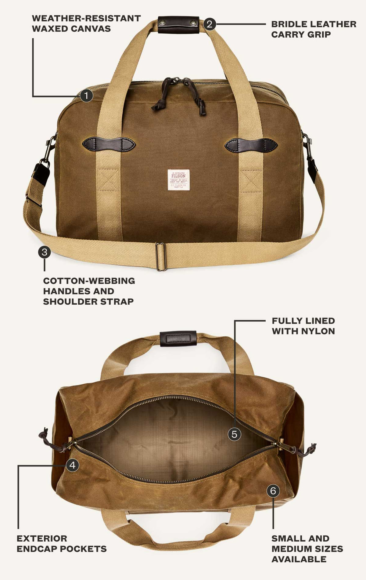 Filson Tin Cloth Medium Duffle Bag Dark Tan, features explaned