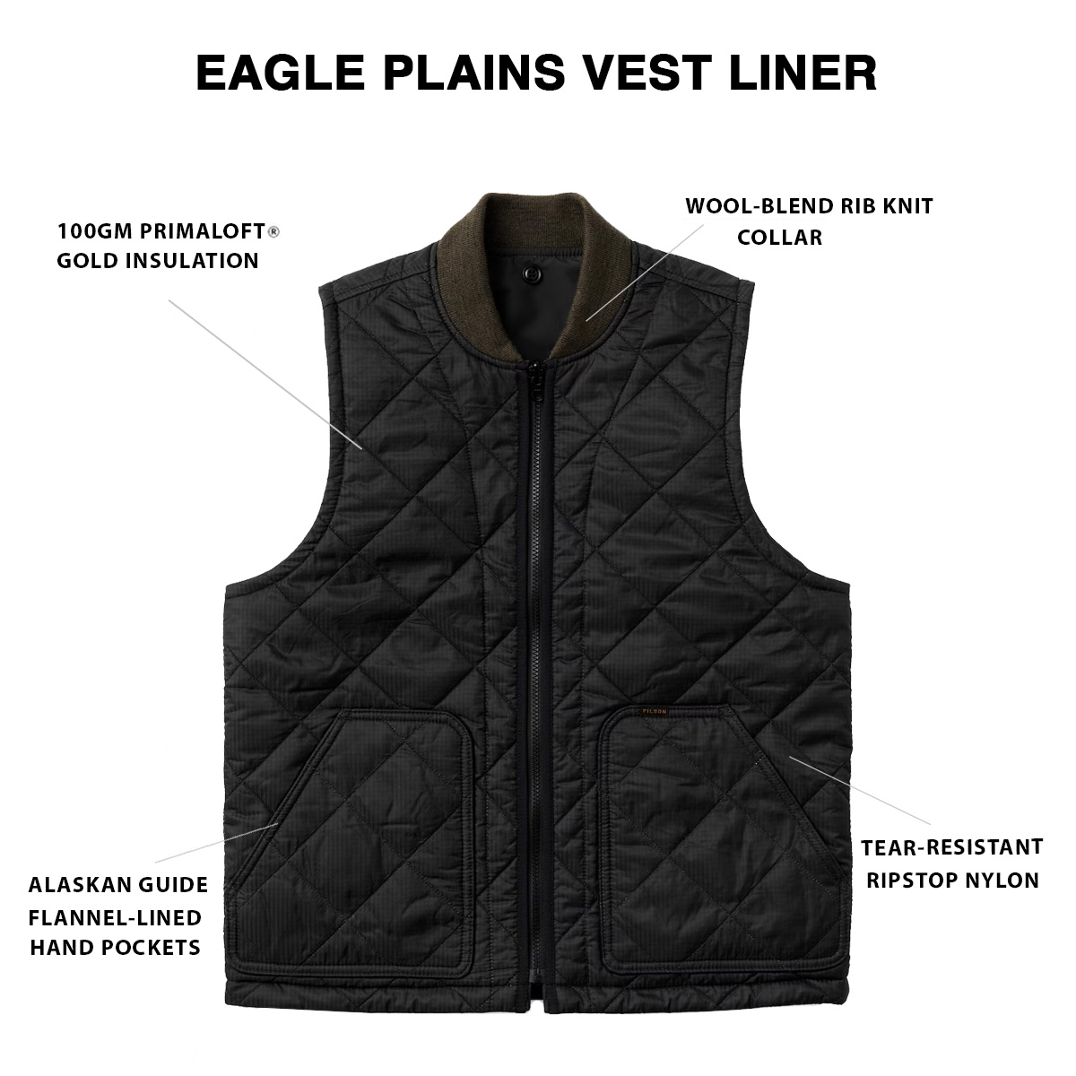 Filson Eagle Plains Vest Liner Charcoal/Black, with Cordura® Ripstop nylon and 100gm PrimaLoft® Gold insulation