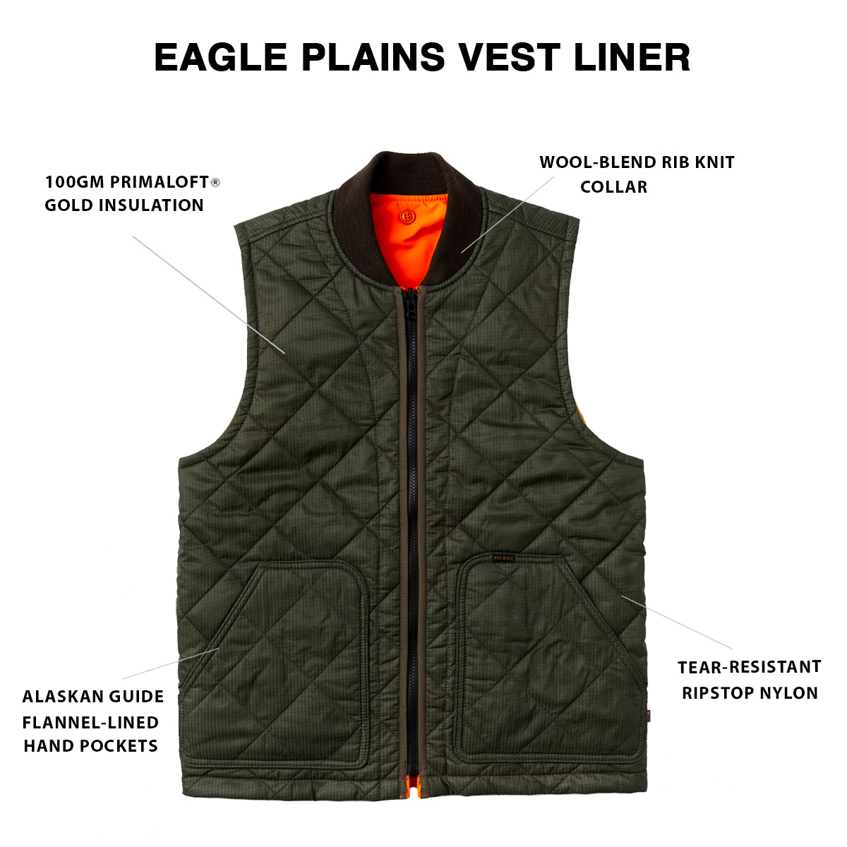 Filson Eagle Plains Vest Liner Surplus Green Blaze, with Cordura® Ripstop nylon and 100gm PrimaLoft® Gold insulation