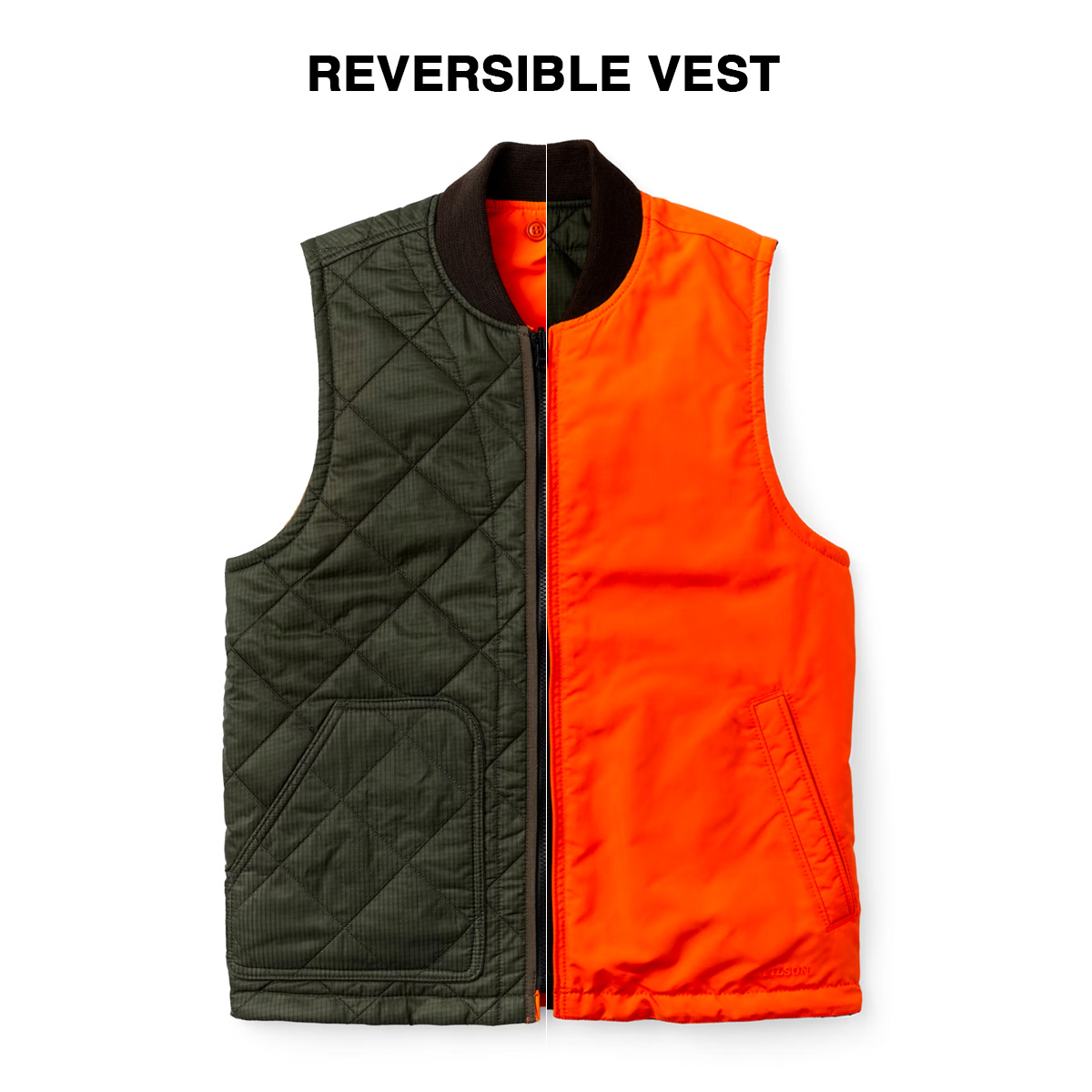 Filson Eagle Plains Vest Liner Surplus Green Blaze, for added versatility, it’s fully reversible, with hand pockets available no matter which side faces out