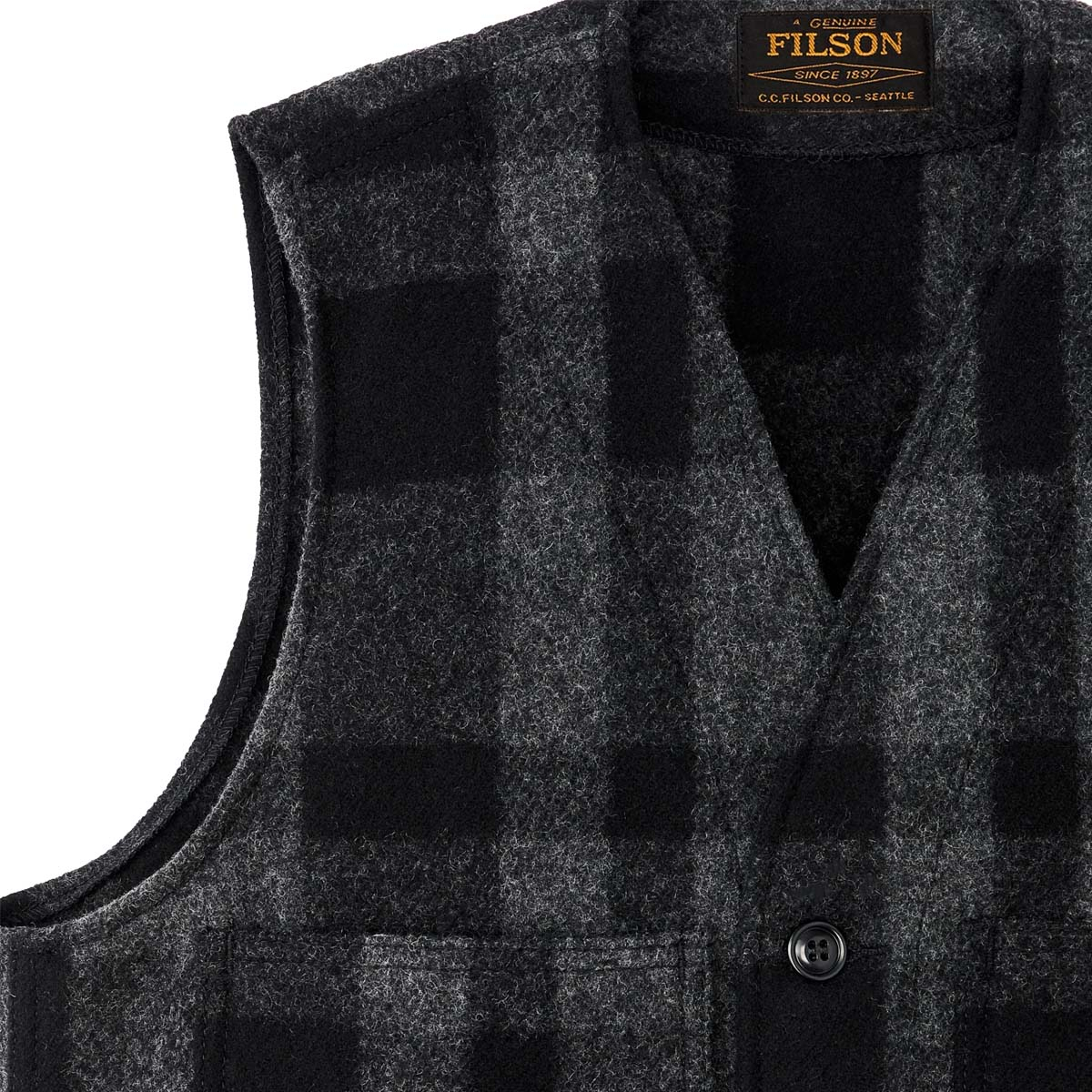 Filson Mackinaw Wool Vest Charcoal/Black /Heritage Plaid, classic wool vest made with 100% virgin Mackinaw Wool and cut roomy for easy layering