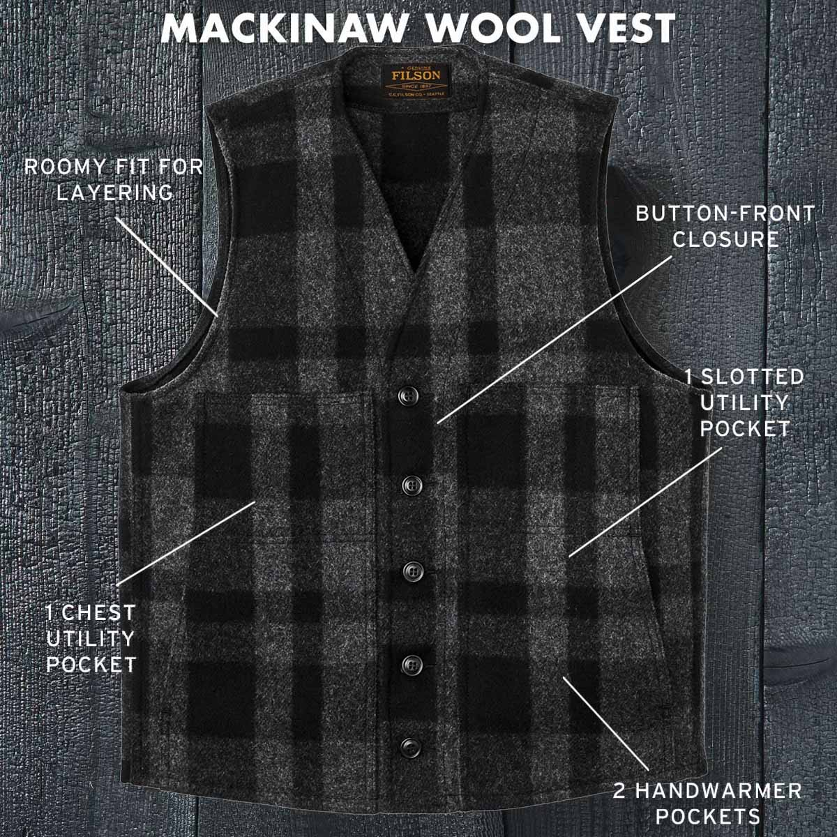 Filson Mackinaw Wool Vest Charcoal/Black /Heritage Plaid, features.