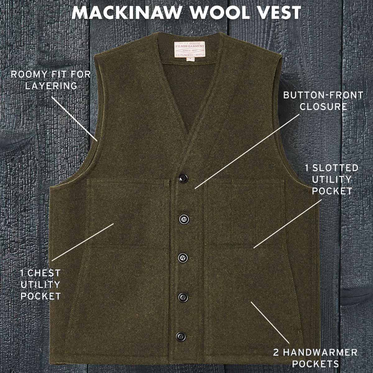 Filson Mackinaw Wool Vest Forest Green, features.