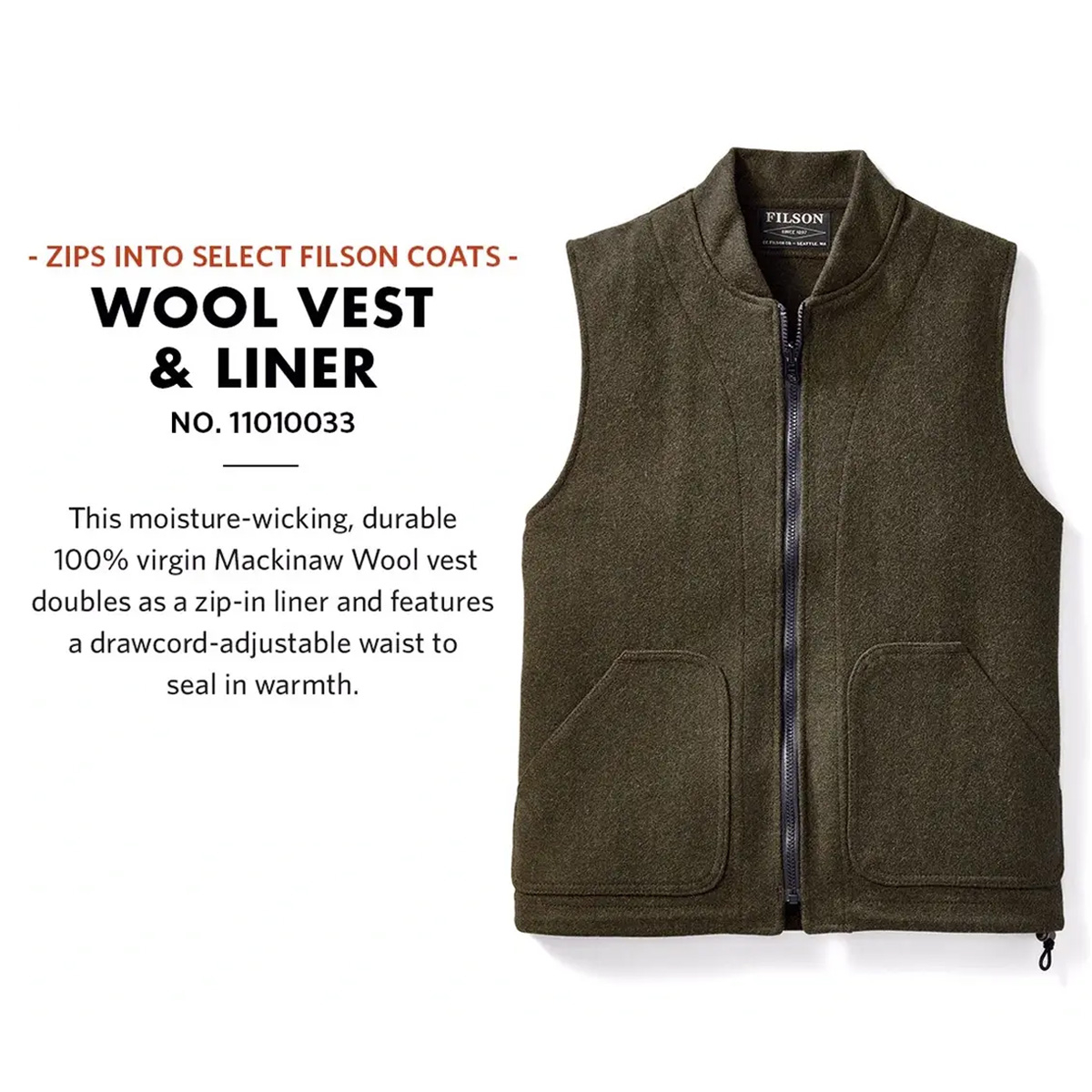 Filson Mackinaw Wool Vest Liner Forest Green, classic wool vest made with 100% virgin Mackinaw Wool and cut roomy for easy layering
