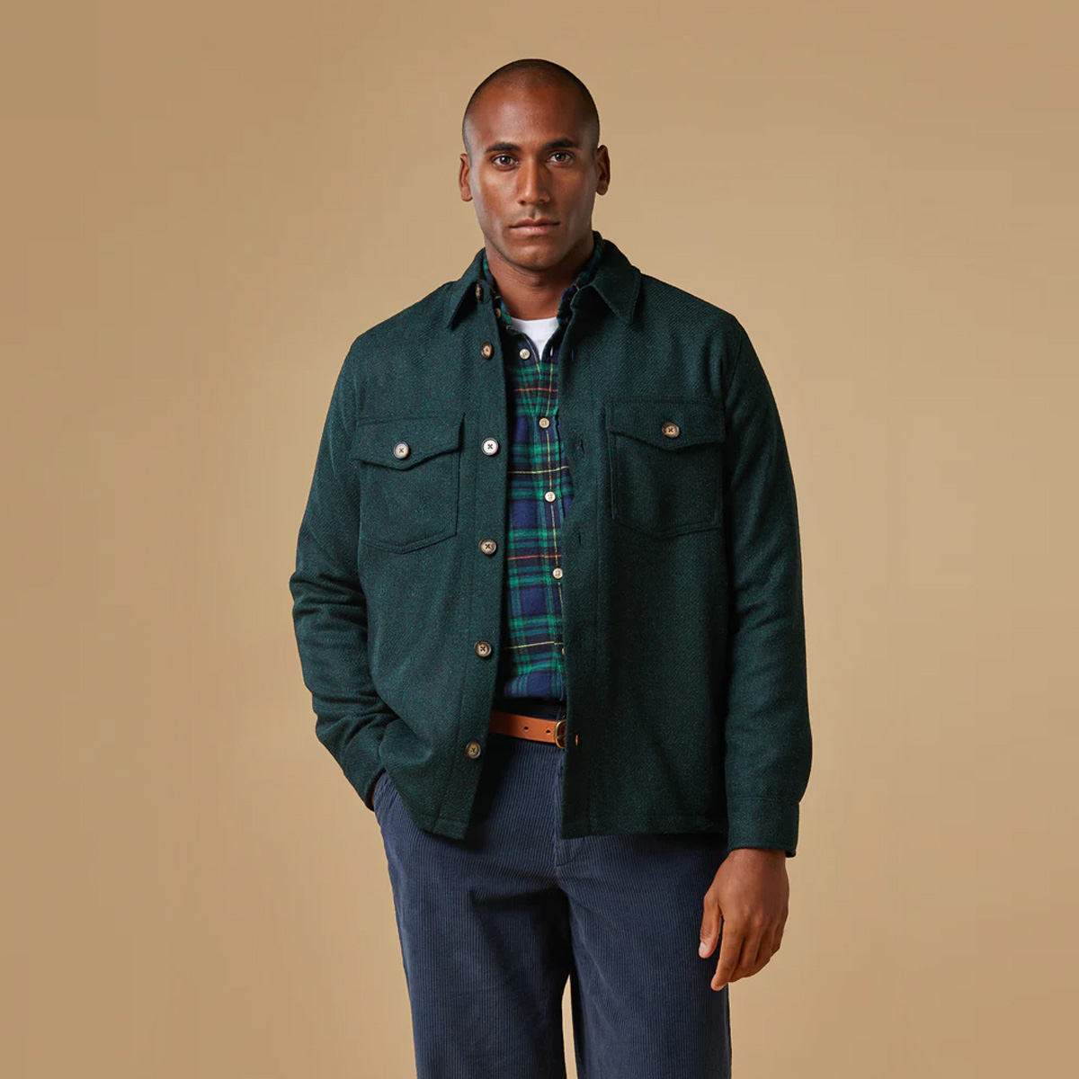 Portuguese Flannel Wool Field Overshirt Green, made from Virgin 100% Wool and cut for a comfortable fit