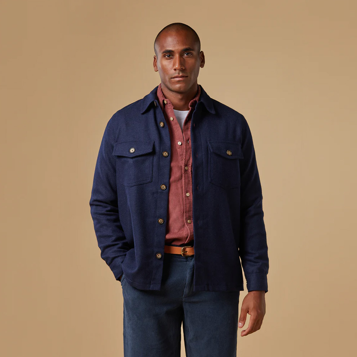 Portuguese Flannel Wool Field Overshirt Navy, made from Virgin 100% Wool and cut for a comfortable fit