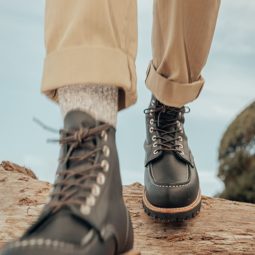 Red Wing 2949 Roughneck Moc Toe Boot Black Oil Slick develops a unique patina over time. Made in USA