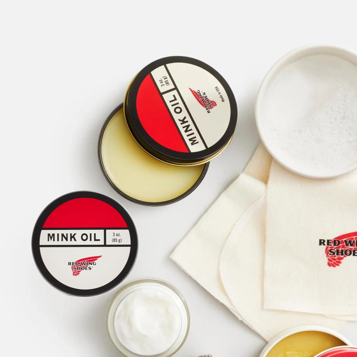 Red Wing Shoes Mink Oil enhances the leather's water resistance.