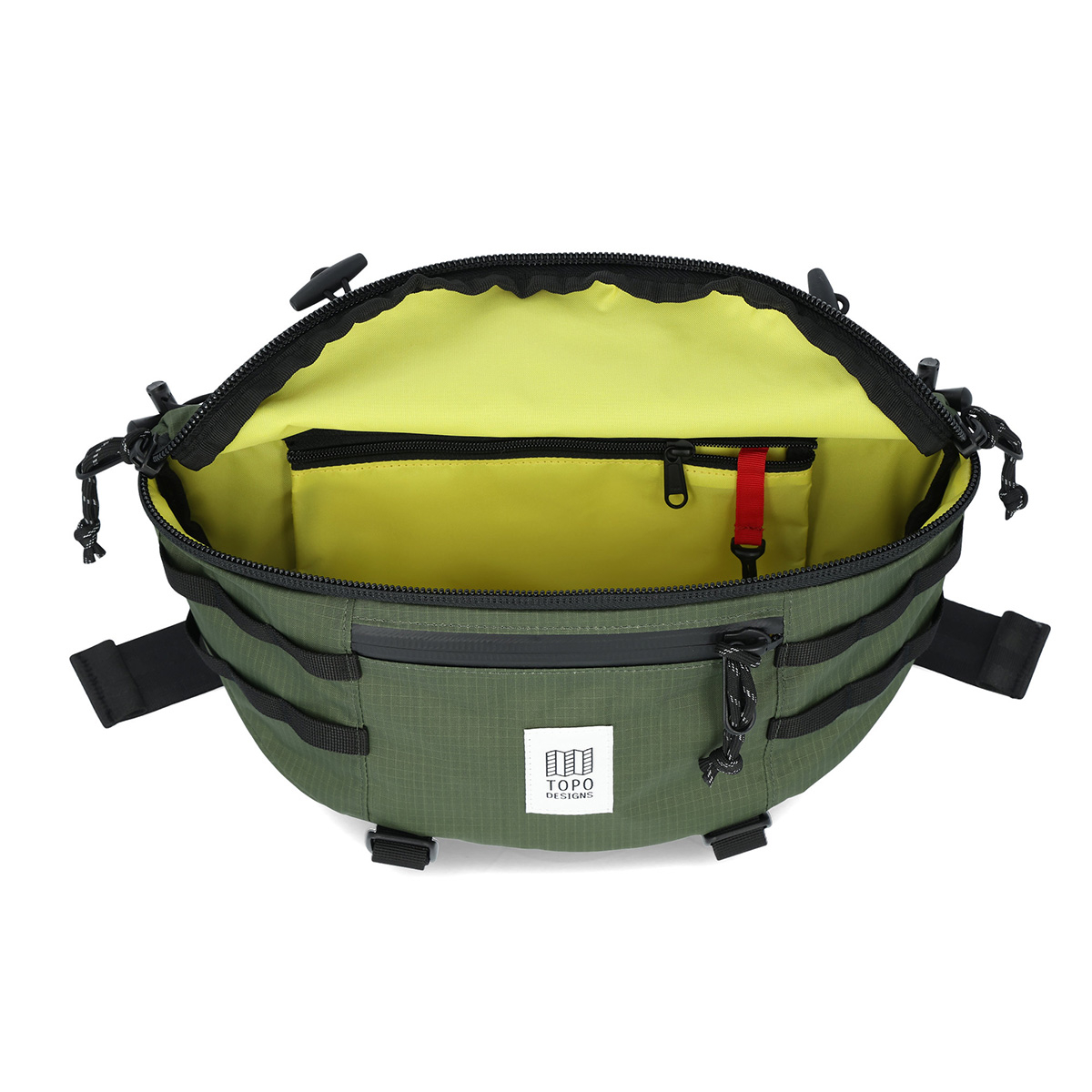 Topo Designs Mountain Sling Bag Olive, spacious main compartment, smaller organizational pockets, bright interior lining