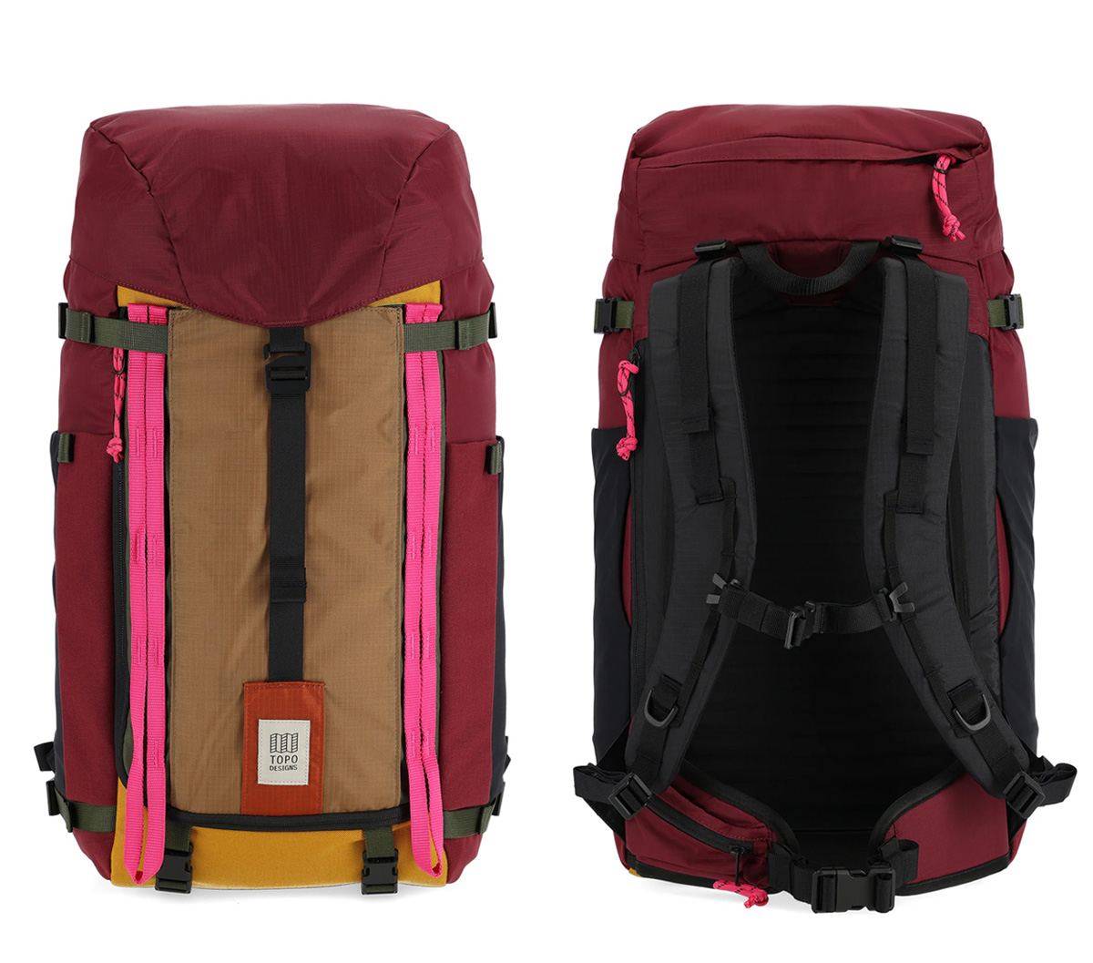 Topo Designs Mountain Pack 28L Burgundy/Dark Khaki, front and back