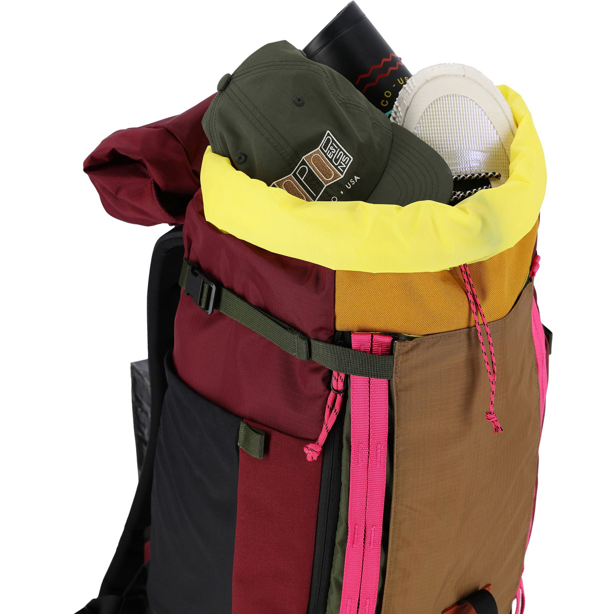 Topo Designs Mountain Pack 28L, inside, water resistant lining with a striking bright color
