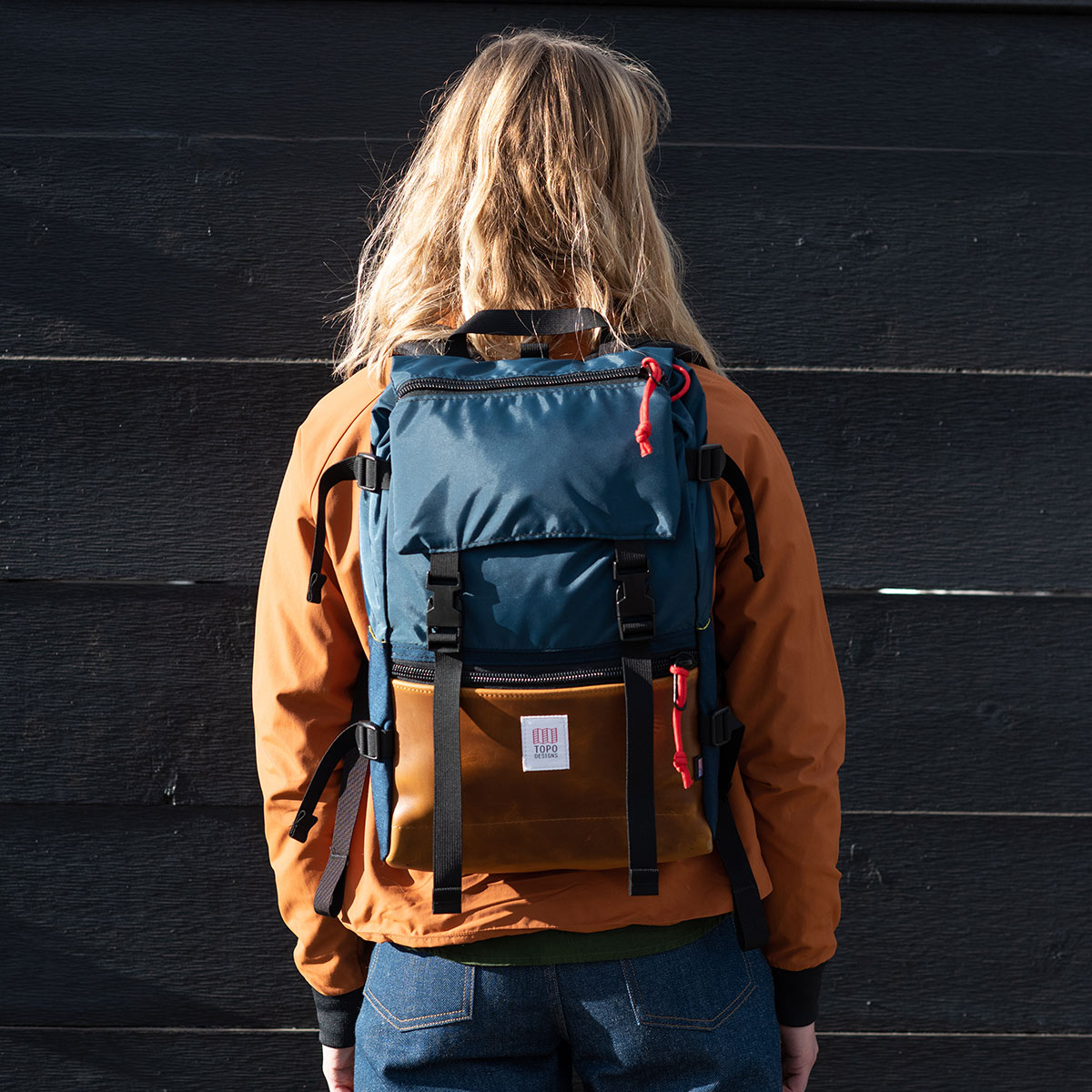 Topo Designs Rover Pack Leather Navy/Brown Leather, durable, lightweight and water-resistant pack for daily use