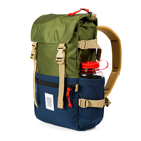 Topo Designs Rover Pack Classic, with waterbottle on the side