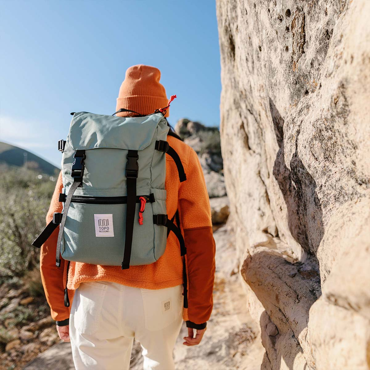 Topo Designs Rover Pack Sage carrying on back