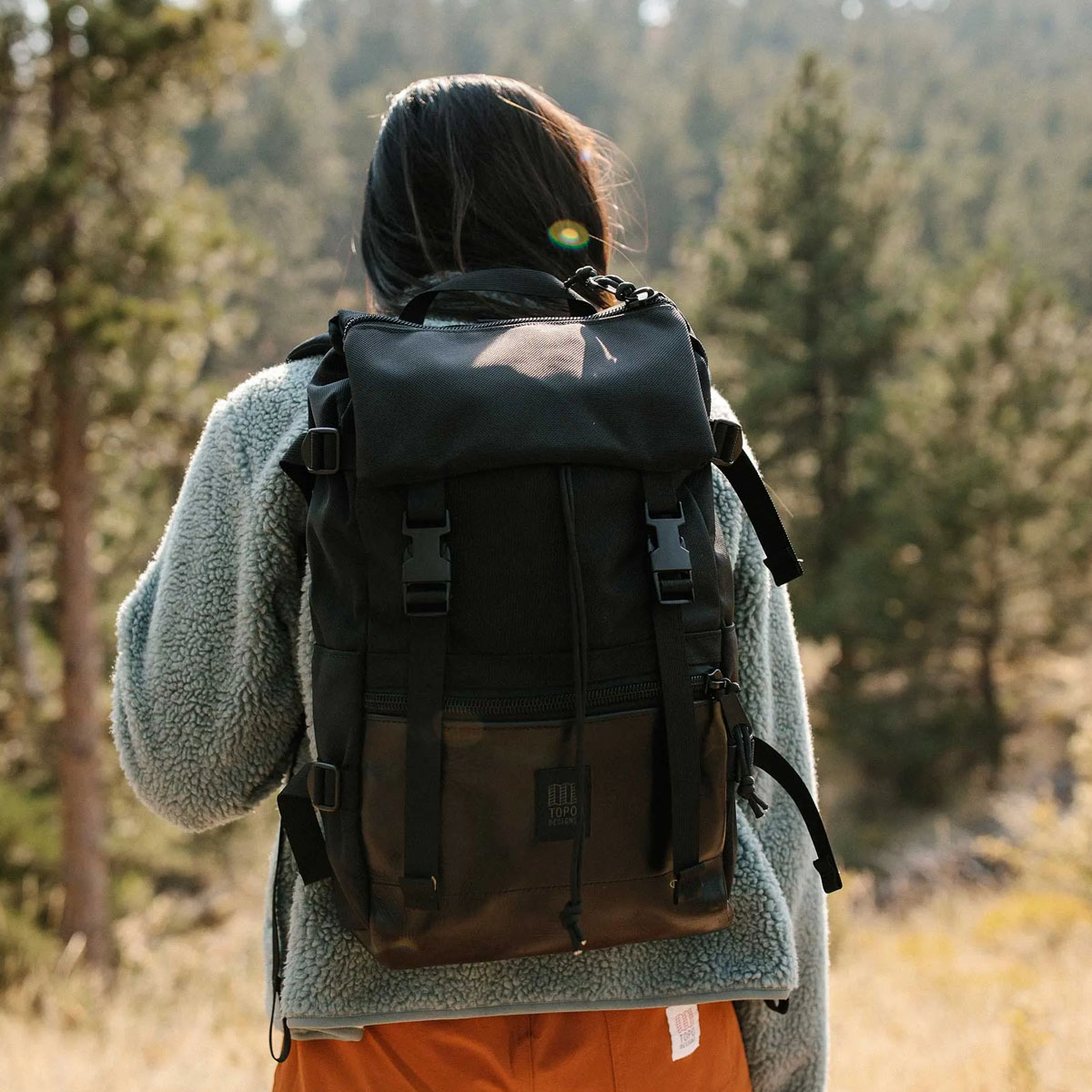Topo Designs Rover Pack Ballistic Black Leather, timeless pack with great functionality, handmade in Colorado USA