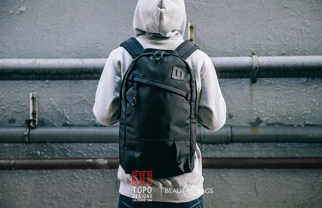 Topo Designs Daypack Ballistic Black/Black Leather, 1050d Ballistic Cordura, with natural leather